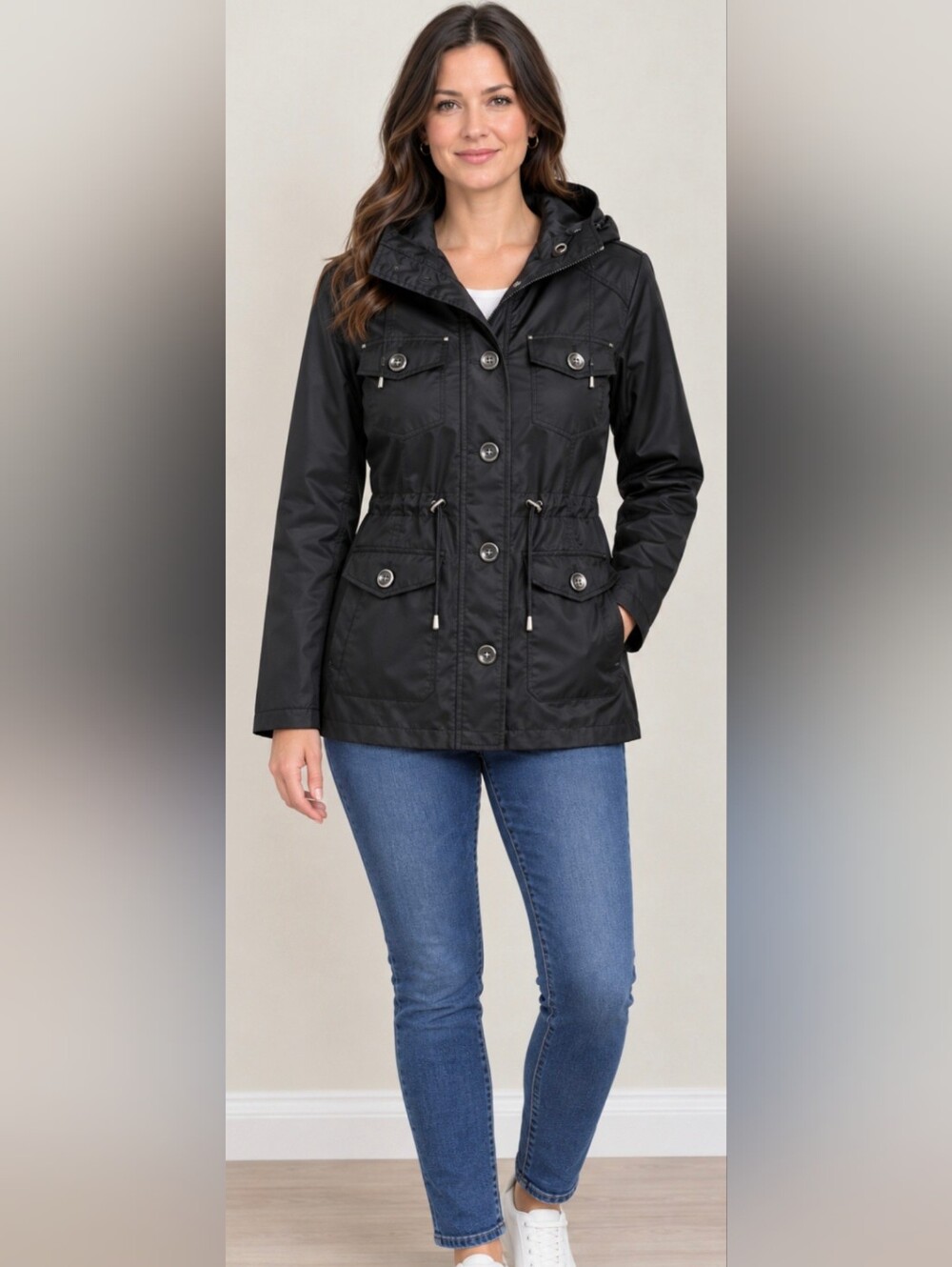 Suzy Shier Black Hooded Drawstring Utility Jacket